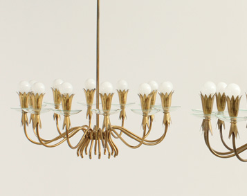 PAIR OF BRASS AND GLASS LARGE CHANDELIERS IN THE MANNER OF GIO PONTI, ITALY, 1940's