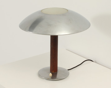 STEEL AND LEATHER TABLE LAMP BY METALARTE, SPAIN, 1950's