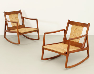 PAIR OF MID CENTURY ROCKING CHAIRS WITH WOVEN STRAW, SPAIN