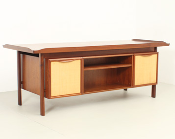 LARGE SCANDINAVIAN EXECUTIVE DESK WITH SEAGRASS DOORS, 1950's 