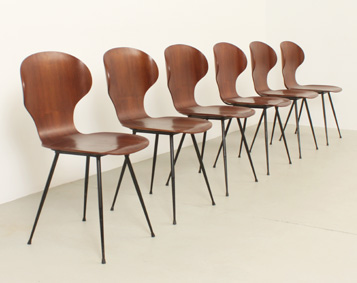 SET OF SIX PLYWOOD SIDE CHAIRS BY CARLO RATTI, ITALY, 1950's