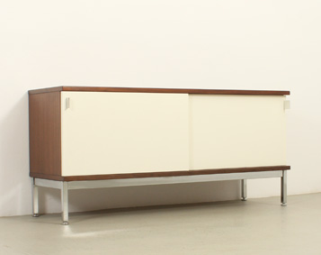 SMALL AIRBORNE SIDEBOARD WITH LACQUERED SLIDING DOORS, FRANCE, 1960's